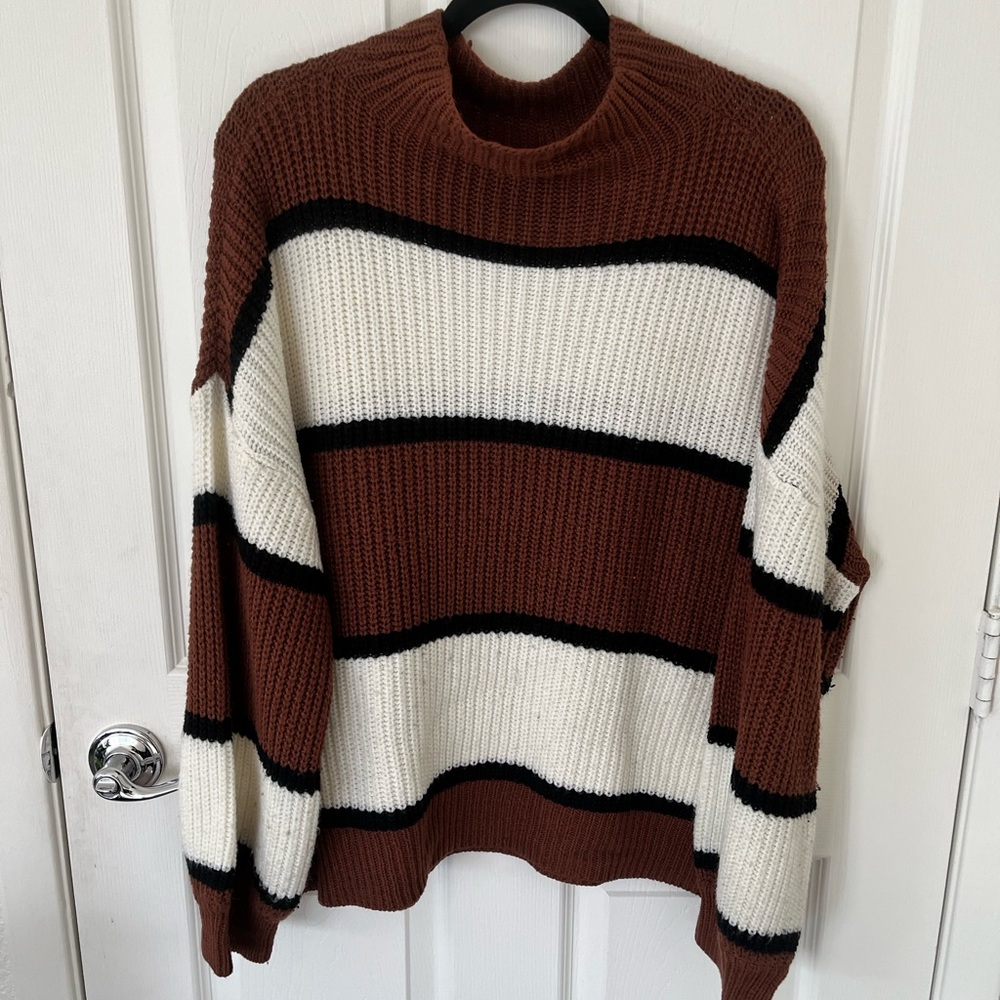 SHEIN Brown and White Striped Turtleneck Sweater